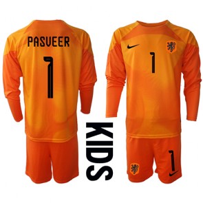 Holandsko Remko Pasveer #1 Brankářské Dětské Venkovní dres komplet MS 2022 Dlouhý Rukáv (+ trenýrky)